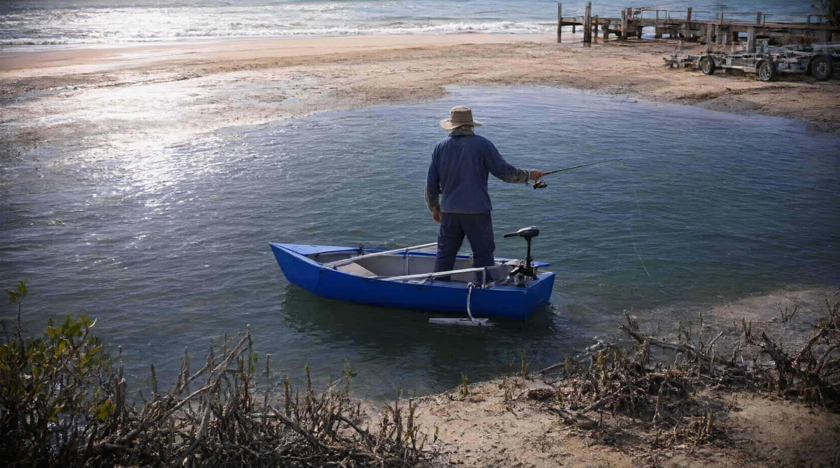 The folding boat anchored in a sheltered coastal estuary over clear shallow water at low tide