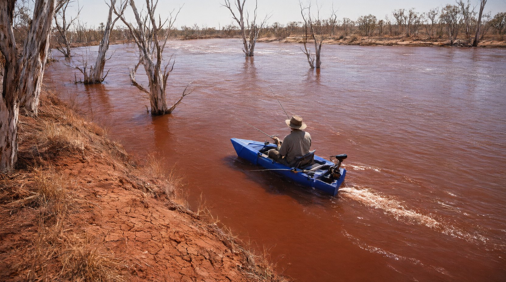 An angler fishing from the folding boat on a wide outback river with red soil banks