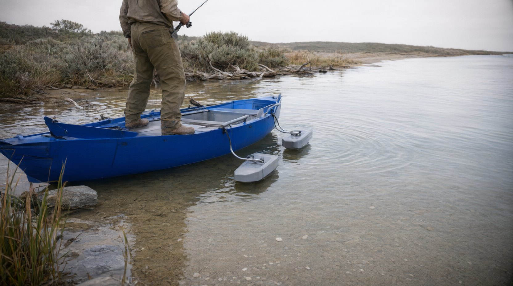 Angler standing upright with both feet on the rigid deck of the folding boat, showing the hull does not flex