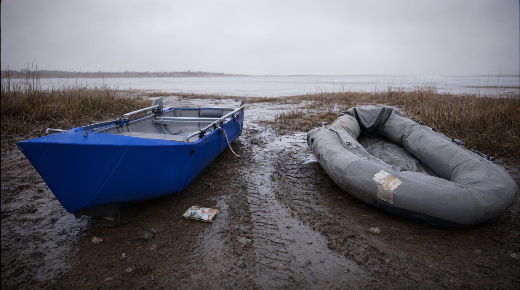 Comparison on calm water between a rigid folded-hull boat holding its shape and an inflated PVC boat flexing underfoot