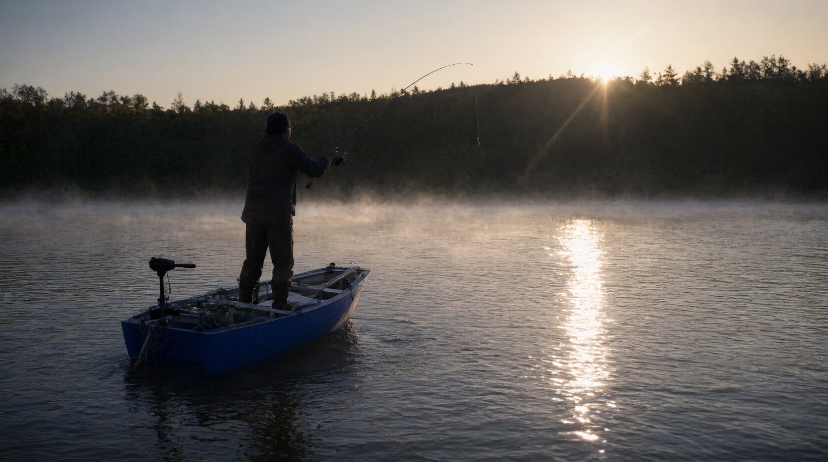 A folding hard-hull fishing boat on a calm estuary at first light, with an angler standing on the rigid deck casting a lure