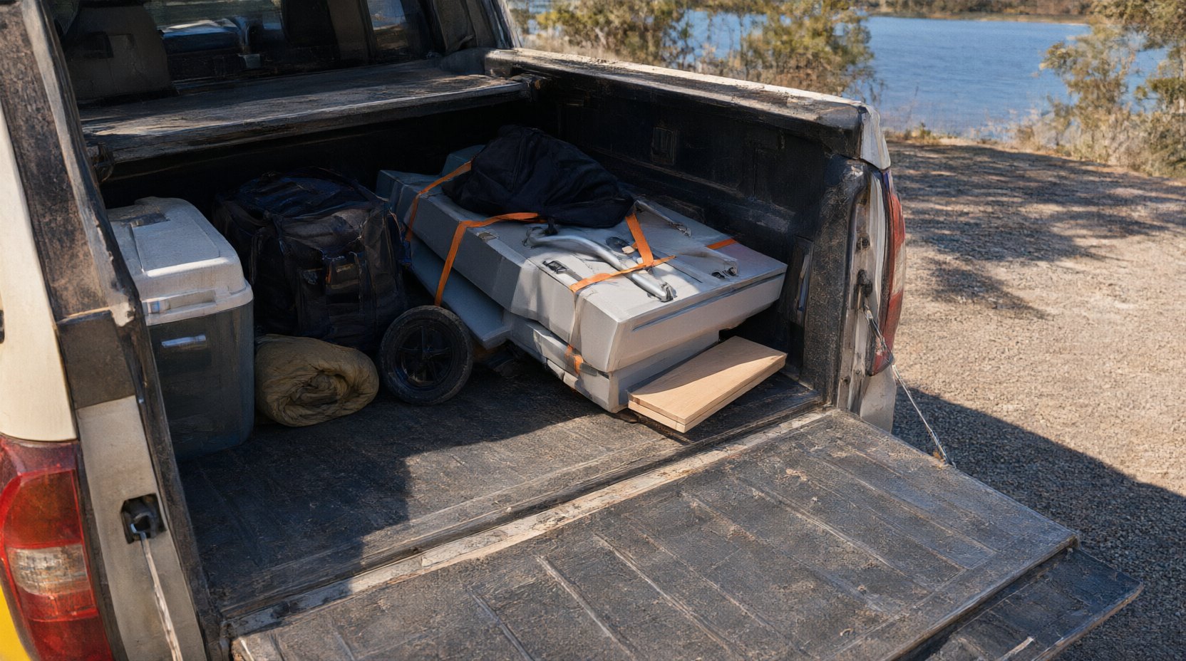 The fully folded boat and its bottom board packed flat in the cargo tray of a pickup, taking up a small footprint