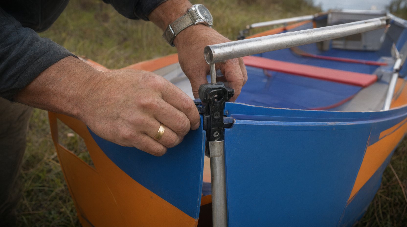 Two hands locking a hull panel into place with a quick fastener, no tools needed
