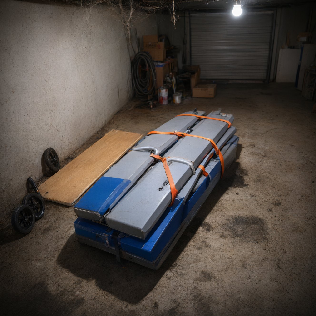 The folding boat collapsed flat and stacked against a garage wall, showing how little floor space it takes