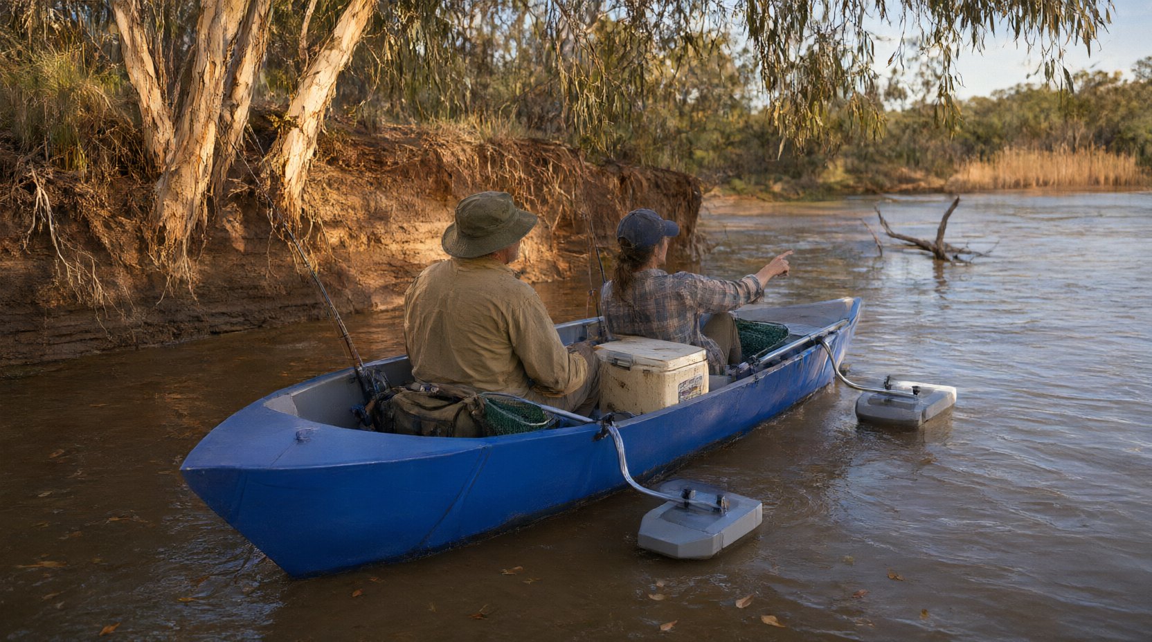 The L-31 two-person folding fishing boat with two anglers seated and fishing rods in holders