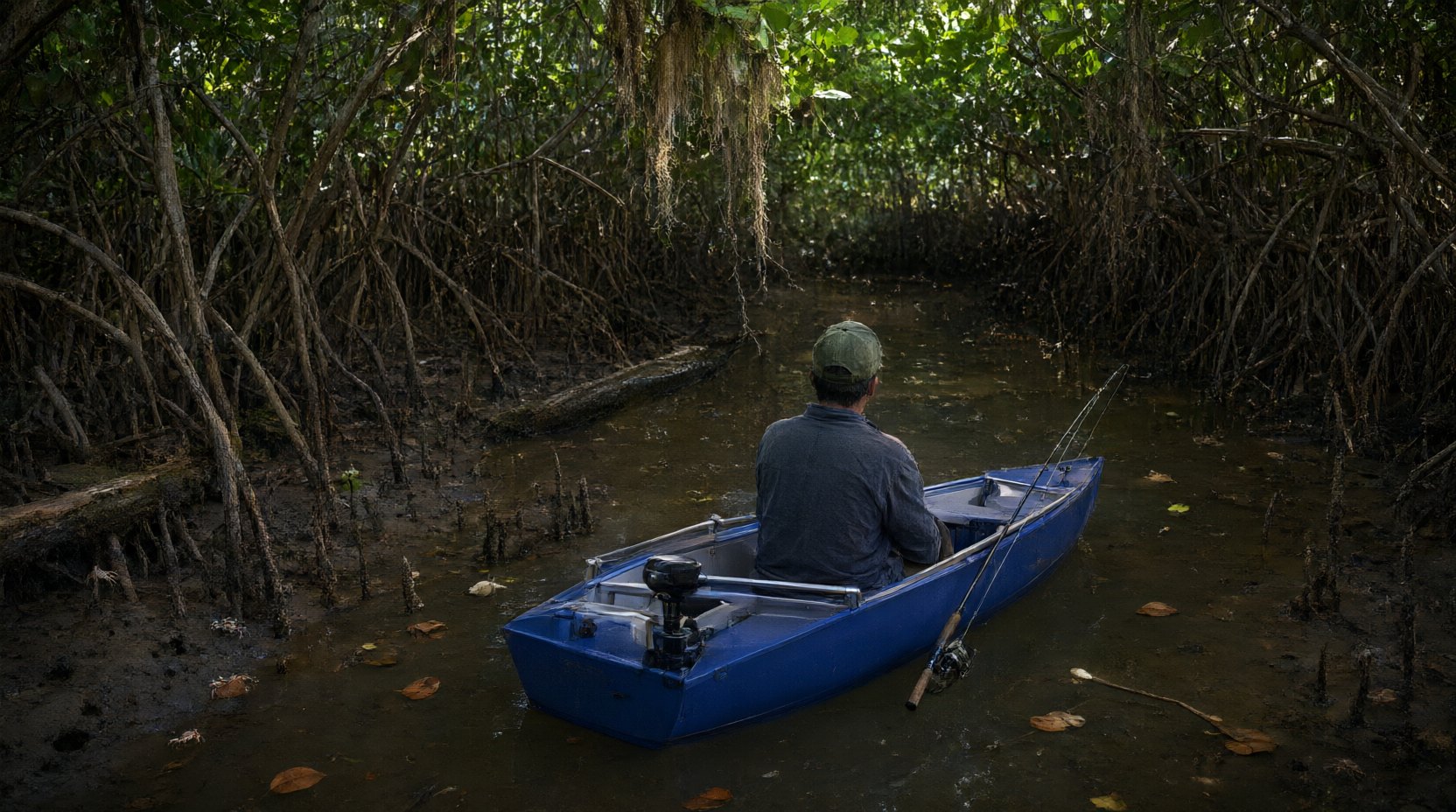 The L-22 folding fishing boat working a narrow tidal creek, the type of tight water it is sized for